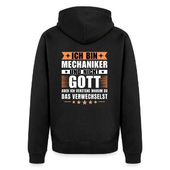 Ich bin Mechaniker und nicht Gott - Unisex Premium Bio Zip Hoodie - Schwarz - Hinten - Nico (187cm)