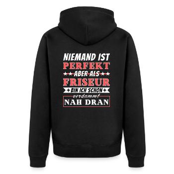 Niemand ist Perfekt - Friseur sind nah dran - Unisex Premium Bio Zip Hoodie - Schwarz - Hinten - Nico (187cm)