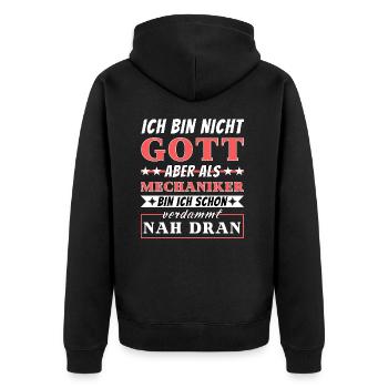 Ich bin nicht Gott aber als Mechaniker nah dran - Unisex Premium Bio Zip Hoodie - Schwarz - Hinten - Nico (187cm)