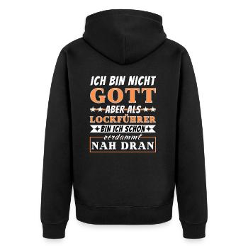 Ich bin nicht Gott aber als Lockführer nah dran - Unisex Premium Bio Zip Hoodie - Schwarz - Hinten - Nico (187cm)