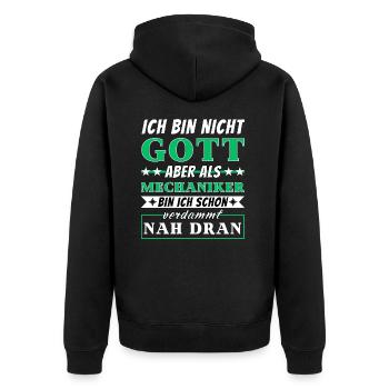 Ich bin nicht Gott aber als Mechaniker nah dran - Unisex Premium Bio Zip Hoodie - Schwarz - Hinten - Nico (187cm)