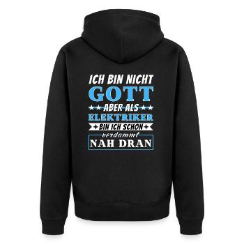 Ich bin nicht Gott aber als Elektriker nah dran - Unisex Premium Bio Zip Hoodie - Schwarz - Hinten - Nico (187cm)