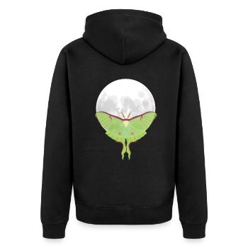 Actias luna - Nachtfalter vor Mond - Unisex Premium Bio Zip Hoodie - Schwarz - Hinten - Nico (187cm)
