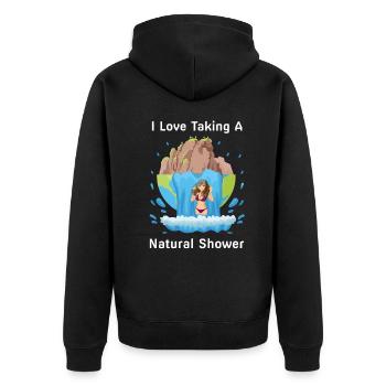 Femme sous cascade - douche naturelle - Veste à capuche bio Premium Unisexe - noir - Dos - Nico (187cm)