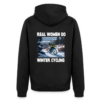 Echte Frauen Fahren im Winter Rad Mountainbike - Unisex Premium Bio Zip Hoodie - Schwarz - Hinten - Nico (187cm)