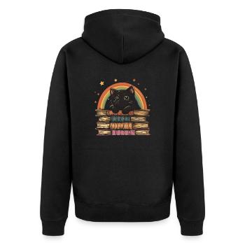 Cute black cat lying on books - Unisex Premium Organic Zip Hoodie - black - Back - Nico (187cm)