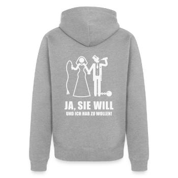 Ja, Sie Will … (Bräutigam, Junggesellenabschied W) - Unisex Premium Bio Zip Hoodie - Grau meliert - Hinten - Nico (187cm)