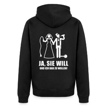 Ja, Sie Will … (Bräutigam, Junggesellenabschied W) - Unisex Premium Bio Zip Hoodie - Schwarz - Hinten - Nico (187cm)