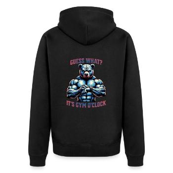 Gym Bear, it´s gym o´clock, Fitness T-Shirt - Unisex Premium Bio Zip Hoodie - Schwarz - Hinten - Nico (187cm)