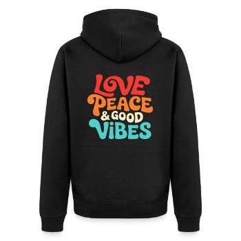 Love Peace & Good Vibe Retro Spruch - Unisex Premium Bio Zip Hoodie - Schwarz - Hinten - Nico (187cm)