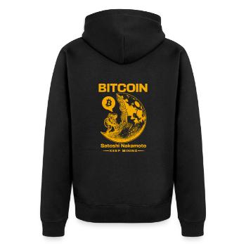 Bitcoin Kryptowährung BTC Satoshi Nakamoto - Unisex Premium Bio Zip Hoodie - Schwarz - Hinten - Nico (187cm)