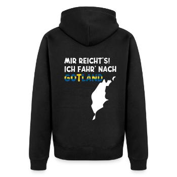 MIR REICHT'S ICH FAHR' NACH GOTLAND Schweden Insel - Unisex Premium Bio Zip Hoodie - Schwarz - Hinten - Nico (187cm)