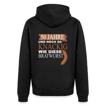 50 Jahre und noch so knackig wie diese Bratwurst - Unisex Premium Bio Zip Hoodie - Schwarz - Hinten - Nico (187cm)