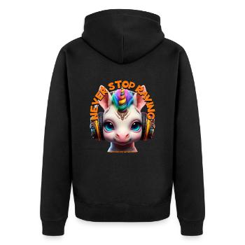 NEVER STOP RAVING - Cute Unicorn with Headphones! - Unisex Premium Organic Zip Hoodie - black - Back - Nico (187cm)