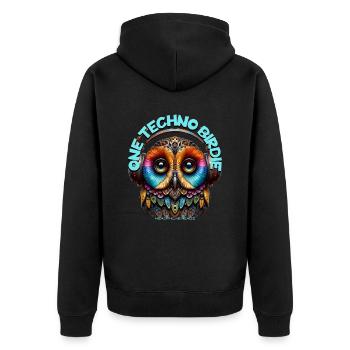 ONE TECHNO BIRDIE - Cute Owl with Headphones! - Unisex Premium Organic Zip Hoodie - black - Back - Nico (187cm)