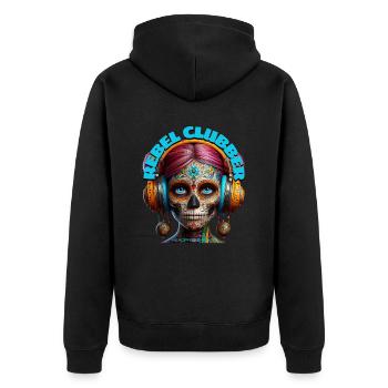 REBEL CLUBBER - Cool Woman with Headphones! - Unisex Premium Organic Zip Hoodie - black - Back - Nico (187cm)