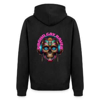 PROUD GAY RAVER - Cool Skull with Headphones! - Unisex Premium Organic Zip Hoodie - black - Back - Nico (187cm)