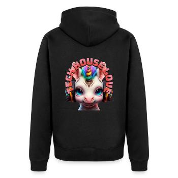 TECH HOUSE LOVE – Cute Unicorn Baby & Headphones! - Unisex Premium Organic Zip Hoodie - black - Back - Nico (187cm)