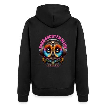 BASS BOOSTED BLISS – Cute Owl with Headphones! - Unisex Premium Organic Zip Hoodie - black - Back - Nico (187cm)