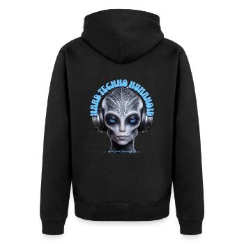 HARD TECHNO HUMANOID – Cool Grey Dude Headphones! - Unisex Premium Organic Zip Hoodie - black - Back - Nico (187cm)