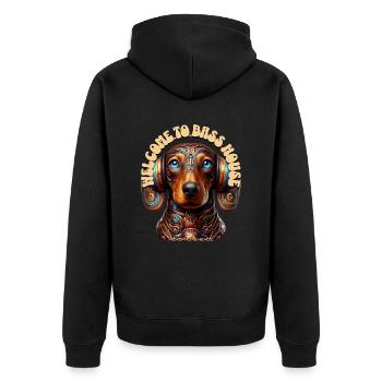 WELCOME TO BASS HOUSE - Dachshund with Headphones! - Unisex Premium Organic Zip Hoodie - black - Back - Nico (187cm)