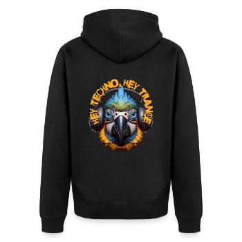 HEY TECHNO HEY TRANCE - Cool Parrot & Headphones! - Unisex Premium Organic Zip Hoodie - black - Back - Nico (187cm)