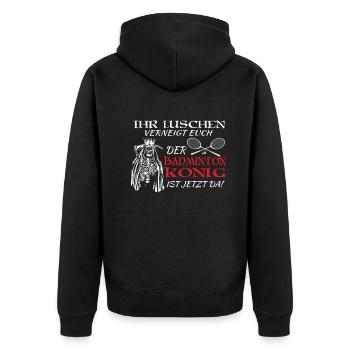 Badminton Spieler Geschenkidee Design - Unisex Premium Bio Zip Hoodie - Schwarz - Hinten - Nico (187cm)