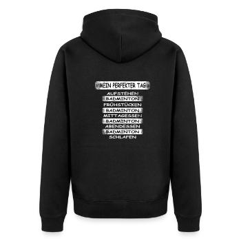 Badminton Geschenkidee Sport Design - Unisex Premium Bio Zip Hoodie - Schwarz - Hinten - Nico (187cm)