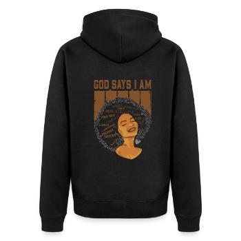 Une fille afro-américaine Dieu dit que je suis black pride - Veste à capuche bio Premium Unisexe - noir - Dos - Nico (187cm)