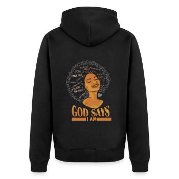 Une fille afro-américaine Dieu dit que je suis black pride - Veste à capuche bio Premium Unisexe - noir - Dos - Nico (187cm)