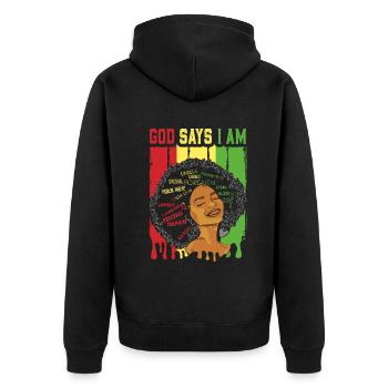 Une fille afro-américaine Dieu dit que je suis black pride - Veste à capuche bio Premium Unisexe - noir - Dos - Nico (187cm)