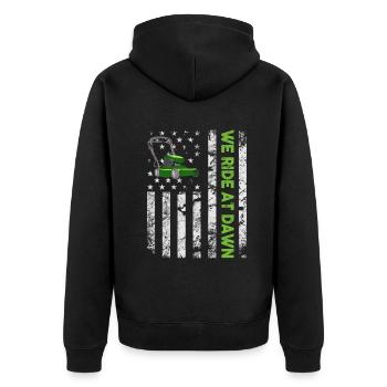 We Ride At Dawn Dad Lawn Mower Make Laugh Day Yard - Unisex Premium Organic Zip Hoodie - black - Back - Nico (187cm)