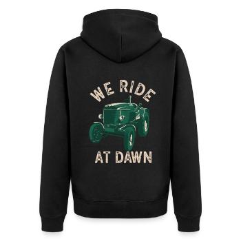 We Ride At Dawn Dad Lawn Mower Make Laugh Day Yard - Unisex Premium Organic Zip Hoodie - black - Back - Nico (187cm)