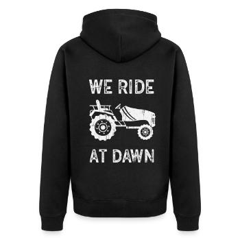 We Ride At Dawn Dad Lawn Mower Make Laugh Day Yard - Unisex Premium Organic Zip Hoodie - black - Back - Nico (187cm)