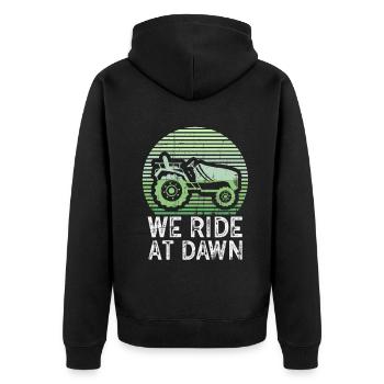We Ride At Dawn Dad Lawn Mower Make Laugh Day Yard - Unisex Premium Organic Zip Hoodie - black - Back - Nico (187cm)