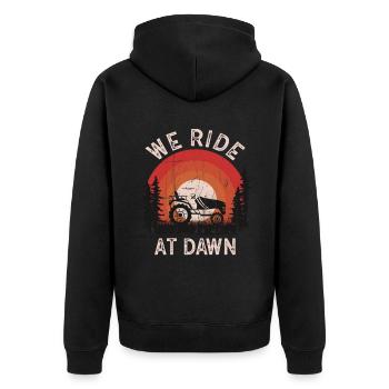 We Ride At Dawn Dad Lawn Mower Make Laugh Day Yard - Unisex Premium Organic Zip Hoodie - black - Back - Nico (187cm)