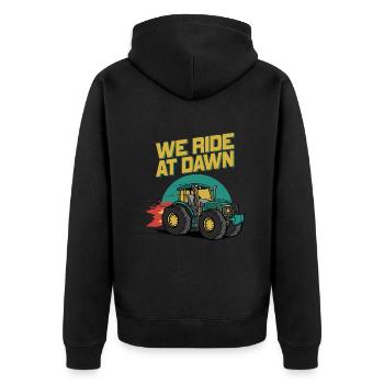 We Ride At Dawn Dad Lawn Mower Make Laugh Day Yard - Unisex Premium Organic Zip Hoodie - black - Back - Nico (187cm)