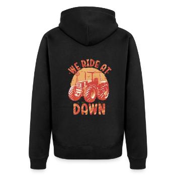 We Ride At Dawn Dad Lawn Mower Make Laugh Day Yard - Unisex Premium Organic Zip Hoodie - black - Back - Nico (187cm)