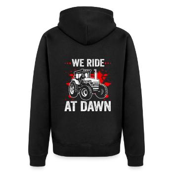 We Ride At Dawn Dad Lawn Mower Make Laugh Day Yard - Unisex Premium Organic Zip Hoodie - black - Back - Nico (187cm)