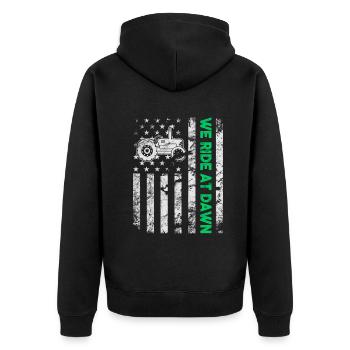 We Ride At Dawn Dad Lawn Mower Make Laugh Day Yard - Unisex Premium Organic Zip Hoodie - black - Back - Nico (187cm)