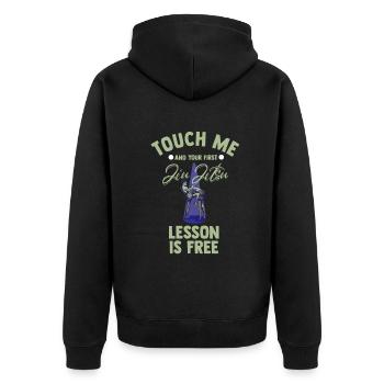 Touch Me And Your First Jiu Jitsu Lesson Is Free - Unisex Premium Organic Zip Hoodie - black - Back - Nico (187cm)