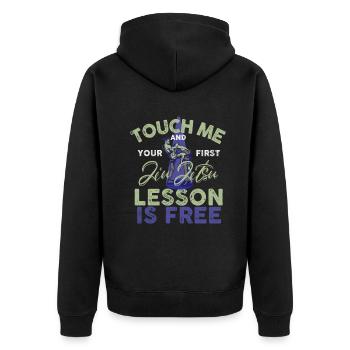 Touch Me And Your First Jiu Jitsu Lesson Is Free - Unisex Premium Organic Zip Hoodie - black - Back - Nico (187cm)