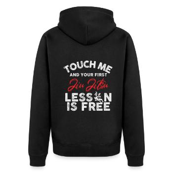 Touch Me And Your First Jiu Jitsu Lesson Is Free - Unisex Premium Organic Zip Hoodie - black - Back - Nico (187cm)