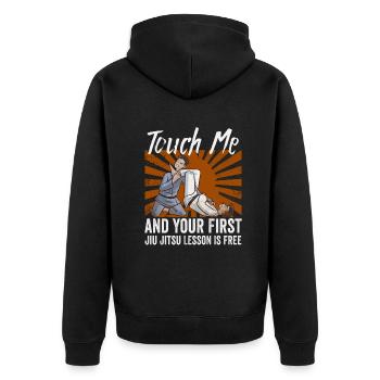 Touch Me And Your First Jiu Jitsu Lesson Is Free - Unisex Premium Organic Zip Hoodie - black - Back - Nico (187cm)