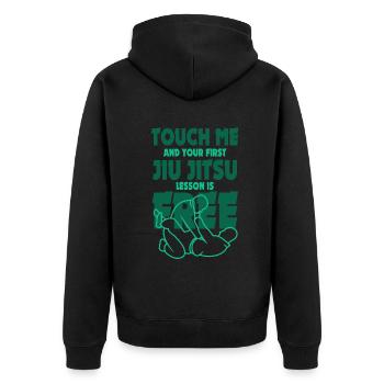 Touch Me And Your First Jiu Jitsu Lesson Is Free - Unisex Premium Organic Zip Hoodie - black - Back - Nico (187cm)