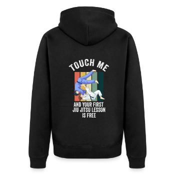 Touch Me And Your First Jiu Jitsu Lesson Is Free - Unisex Premium Organic Zip Hoodie - black - Back - Nico (187cm)
