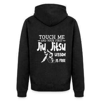 Touch Me And Your First Jiu Jitsu Lesson Is Free - Unisex Premium Organic Zip Hoodie - black - Back - Nico (187cm)