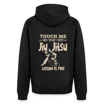Touch Me And Your First Jiu Jitsu Lesson Is Free - Unisex Premium Organic Zip Hoodie - black - Back - Nico (187cm)