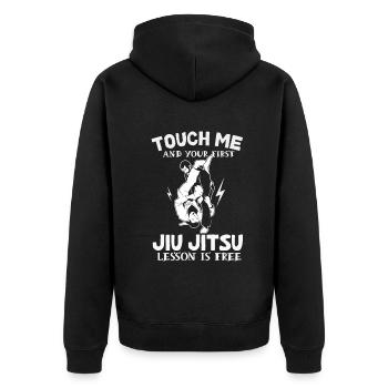 Touch Me And Your First Jiu Jitsu Lesson Is Free - Unisex Premium Organic Zip Hoodie - black - Back - Nico (187cm)