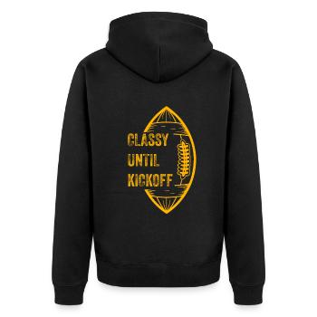 Stilvoll bis zum Anpfiff Spieltag American Football - Unisex Premium Bio Zip Hoodie - Schwarz - Hinten - Nico (187cm)